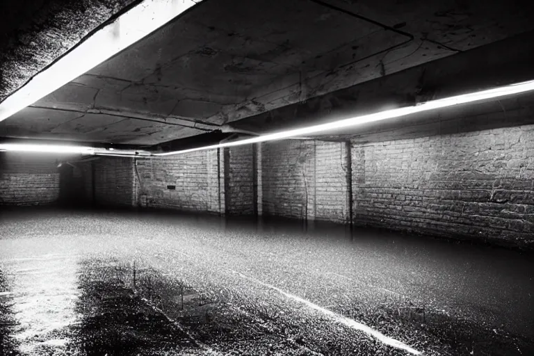 Prompt: views of underground car garage, new york downtown covered with rain, dark lighting, photo real