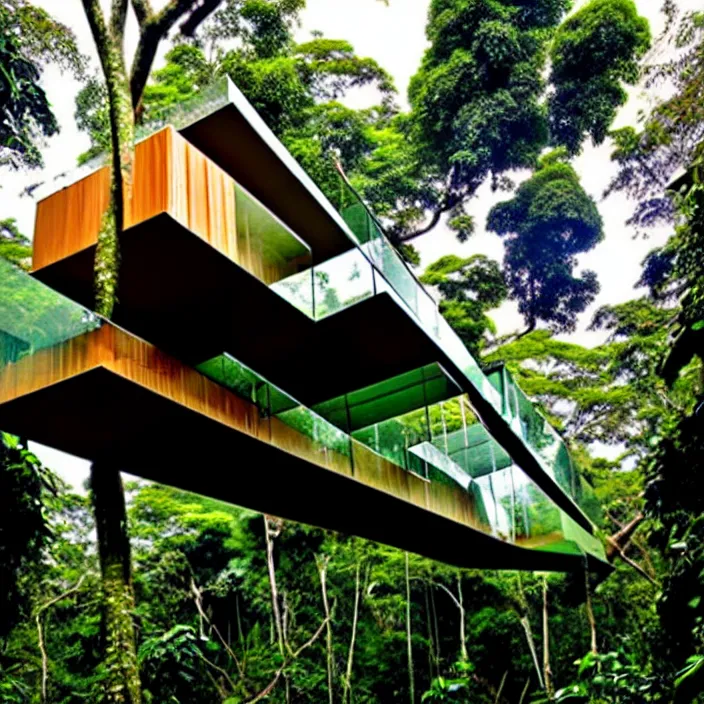 Image similar to cantilevered treehouse in the amazon jungle