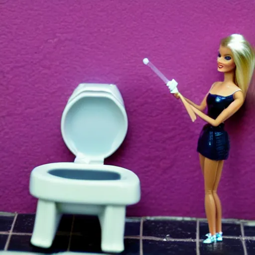 Image similar to barbie doing heroin with a syringe, toilet