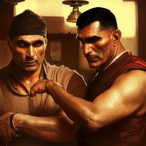 Image similar to an indian man and vinnie jones in a pub, real life skin, intricate, elegant, highly detailed, artstation, concept art, smooth, sharp focus, art by artgerm and greg rutkowski and alphonse mucha