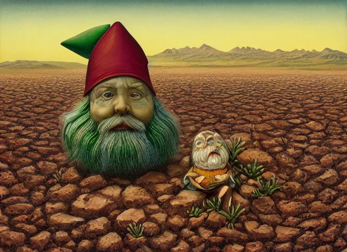 Image similar to a discarded half - buried garden gnome in a vast barren desert, an ultrafine detailed painting by mark ryden, trending on deviantart, pop surrealism, whimsical, lowbrow, perfect symmetrical face