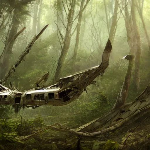 Image similar to a flying vessel wreckage lying down in a thick forest, vines growing on top, 8 k, hyper realism, artstations, concept art, cinematic