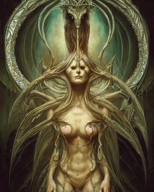 Image similar to perfectly centered portrait front view of a dead rotten beautiful female daemon growing ornamentation, ornate, detailed, symmetrical, elegant, beautifully soft lit, by wayne barlowe, peter mohrbacher, kelly mckernan