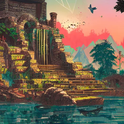 Image similar to ancient ruins and waterfalls, retrowave art, cyberpunk, trending on art station