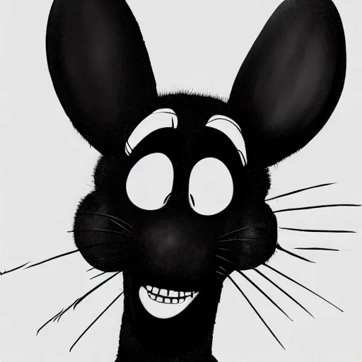 Image similar to A extremely highly detailed majestic hi-res beautiful, highly detailed head and shoulders portrait of a scary terrifying, horrifying, still of a creepy black cartoon rabbit in eraserhead with scary big eyes, earing a shirt laughing, hey buddy, let's be friends, in the style of Walt Disney animation