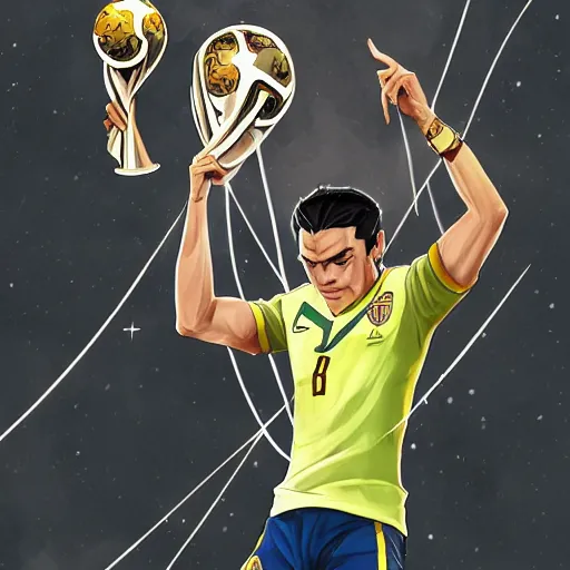 Prompt: james rodrigez holding the world cup in captain tsubatsa, pixiv, high quality