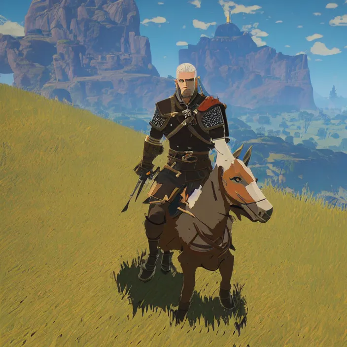 Prompt: Geralt of Rivia in The Legend of Zelda Breath of the Wild, detailed screenshot