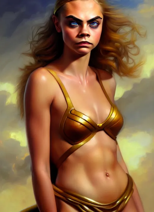 Image similar to portrait of cute young cara delevingne as a slightly chubby amazon girl, full body, painted by stanley artgerm, boris vallejo, fantasy art, sleek curves, sharp focus, trending on artstation hq, deviantart