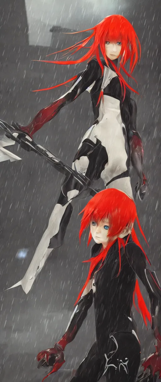 Image similar to asuka langley wearing zero's helmet in a dishonored town, dunwall city, advanced digital art, dishonored aesthetic, cinematic lighting, rainy weather, melancholy atmosphere, artstation, dunwall city, gothic architecture, volumetric light, octane render, dishonored game, dishonored 1, atmosphere or depression and despair, cute anime face