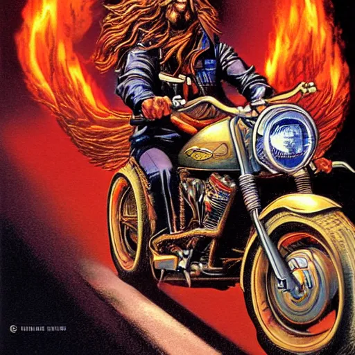 Prompt: artwork of long haired biker riding from the flames by Greg Hildebrandt. Part of his face is robotic. Cinematic lighting. 80s movie ending scene