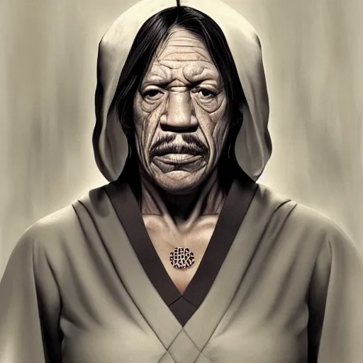 Prompt: danny trejo female, jedi master, wearing the traditional jedi robe, beautiful and uniquely odd looking, detailed symmetrical close up portrait, intricate complexity, in the style of artgerm and ilya kuvshinov, magic the gathering, star wars art, danny trejo