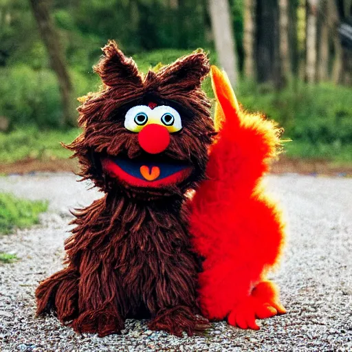 Image similar to a fluffy muppet in the shape of elmo woth brown fur and with rabbit ears wearing a karate uniform out in nature, photography, photorealistic, muppet, national geohraphic