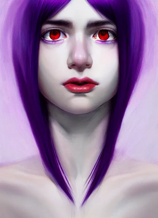 Image similar to hair whitebangs hair, black hair, whitebangs, portrait of teenage girl with white bangs, red irises, purple clothes, white bangs, bangs are different color from hair, intricate, elegant, glowing lights, highly detailed, digital painting, artstation, concept art, smooth, sharp focus, illustration, art by wlop, mars ravelo and greg rutkowski