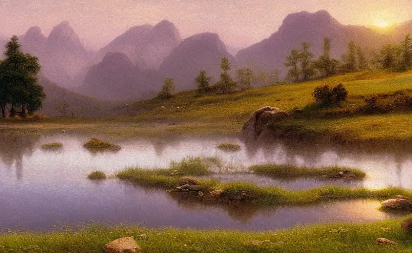 Prompt: a beautiful grassy field, small river, close up shot, rocky, at dusk, distant mountains, 4k, rule of thirds, extreme detail, hazy, intricate ink illustration, surreal, surrealist, trending on artstation, cgsociety, hd, calm, complimentary colours, realistic lighting, by Albert Bierstadt, Frederic Edwin Church.