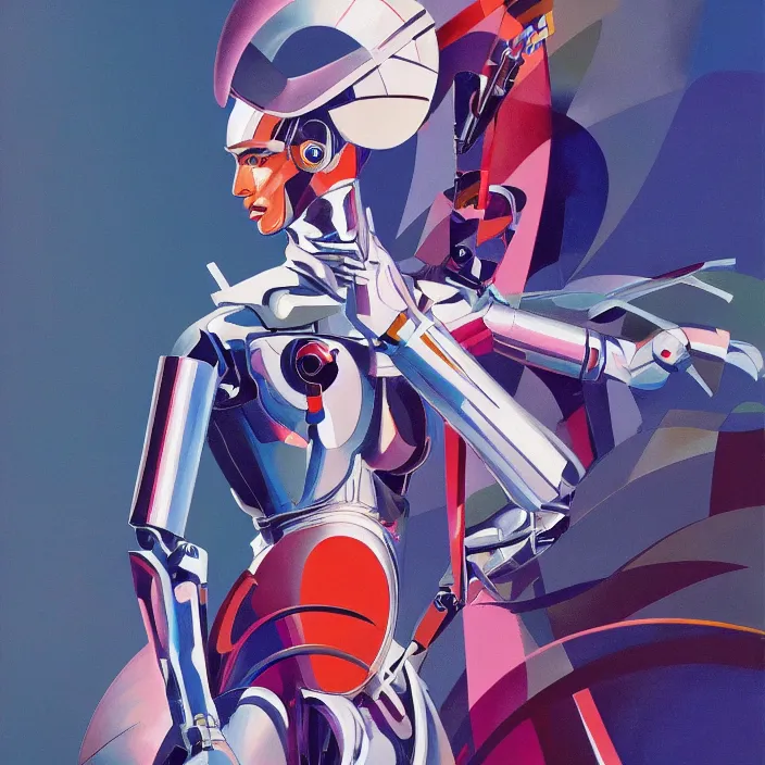 Image similar to cyborg princess, full body, high fashion, futurism, aerodynamic, flowing, intricate, slick, highly detailed, digital painting, vogue, concept art, smooth, sharp focus, hd, art by syd mead and kandinsky and annie leibovitz