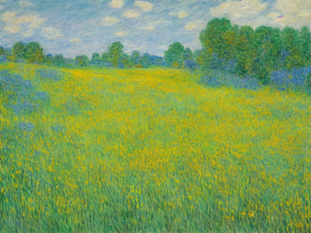 Prompt: a painting of a meadow on a cloudy day with blue grass and yellow flowers in the style of monet