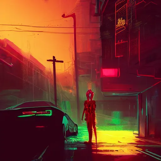 Prompt: a detailed matte painting of a neon cat under a black light with red led eyes, the cat is in a intricately detailed neo neon cyberpunk Japanese city, the angel of death with a halo, colorful background not limited to children, by Ismail Inceoglu , concept art, featured on cgsociety