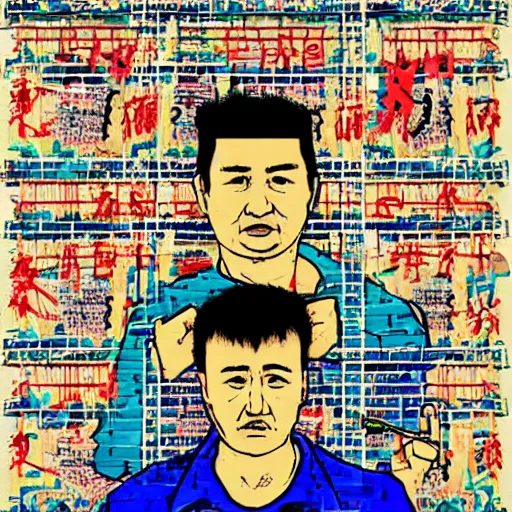 Image similar to uyghur Uighur in a prison behind bars, organ harvesting, in the style of daniel johnston and outsider art, 8k, line brush, overlaid with chinese adverts