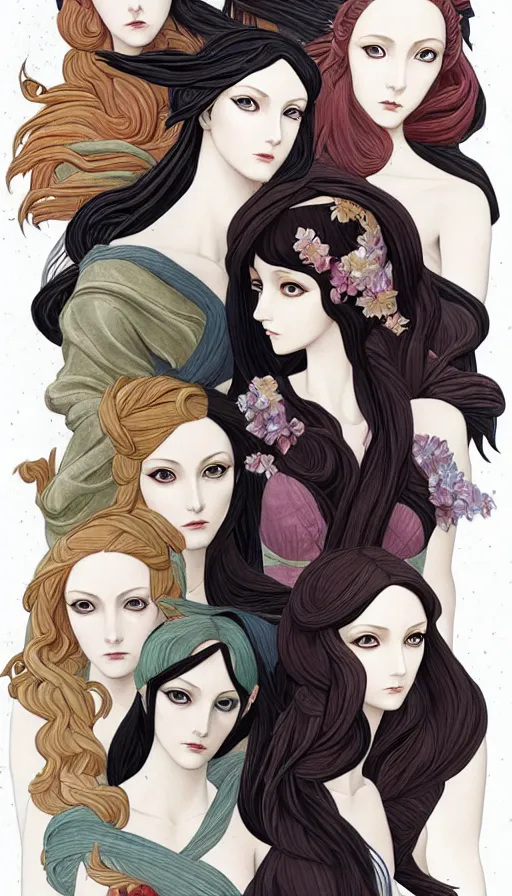 Image similar to 12 figures, representing the 4 seasons, (3 are Winter, 3 are Spring, 3 are Summer and 3 are Autumn), in a mixed style of Botticelli and Æon Flux!!, inspired by pre-raphaelite paintings, shoujo manga, and cyberpunk, stunningly detailed, stunning inking lines, flat colors, 4K photorealistic