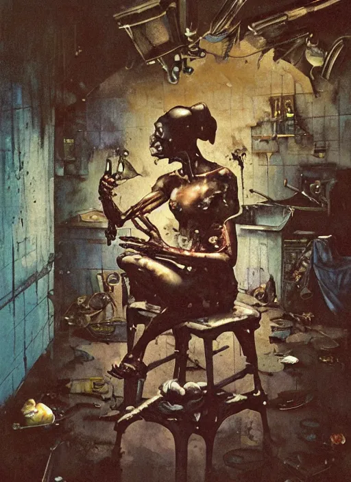 Prompt: realistic detailed image of a seated dark figure in a ruined kitchen in the style of Francis Bacon, figure Surreal, Norman Rockwell and James Jean, Greg Hildebrandt, and Mark Brooks, triadic color scheme, By Greg Rutkowski, in the style of Francis Bacon and Syd Mead and Edward Hopper and Norman Rockwell and Beksinski, Diesel punk female, open ceiling, highly detailed, painted by Francis Bacon, painted by James Gilleard, surrealism, airbrush, Ilya Kuvshinov, WLOP, Stanley Artgerm, very coherent, art by Takato Yamamoto and James Jean