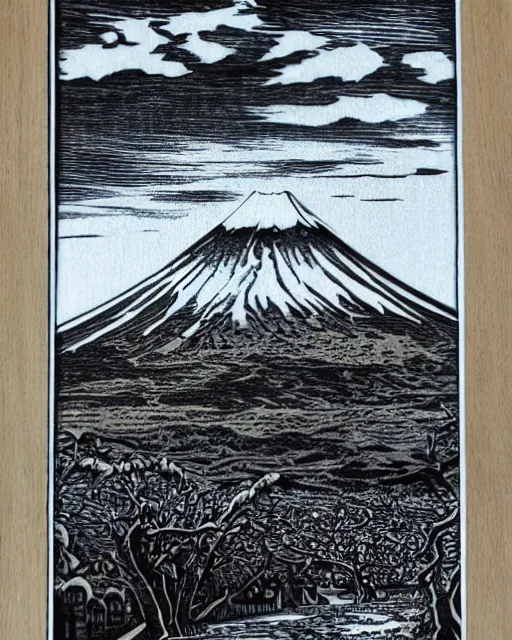 Image similar to an award winning Wood engraving on paper of Mount Fuji, HDR