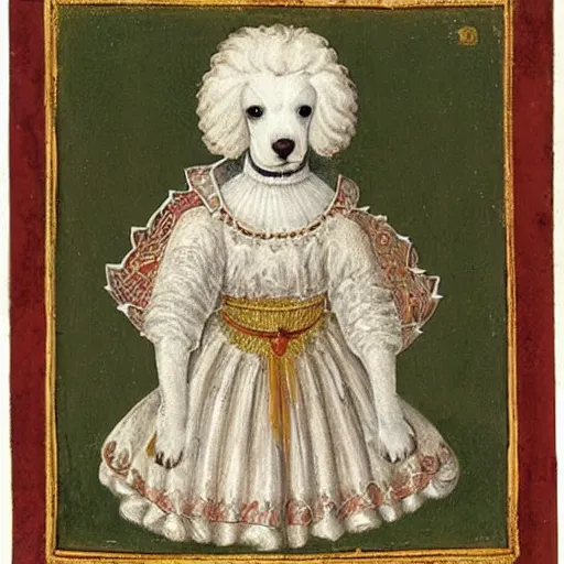 Image similar to portrait of a white poodle as an italian noblewoman, italo - byzantine era 9 0 0 ce