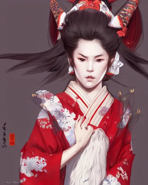 Image similar to Ssunbuki as a kitsune wearing a red and white kimono, portrait, visualartzi, korean, concept art by Karla Ortiz, James Paick, Charlie Bowater, Krenz Cushart, highly detailed, ultra detailed, ultra realistic, trending on artstation, cgstudio