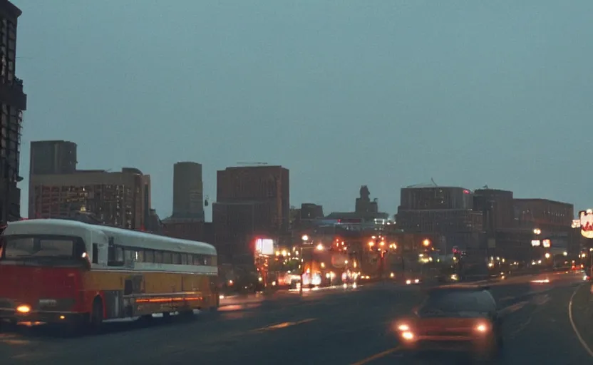 Prompt: cinematic screenshot sunrise view of buffalo as seen from bus, moody scene from being john malcovich directed by charlie kaufman ( 2 0 0 1 ), moody volumetric light morning, anamorphic lenses, kodak color film stock