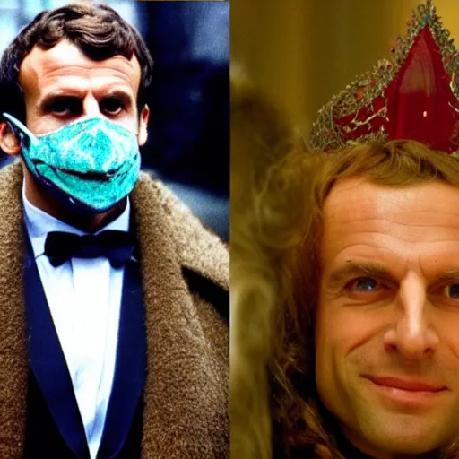 Image similar to Emmanuel Macron wearing a venitian mask, in Eyes Wide Shut (1999)