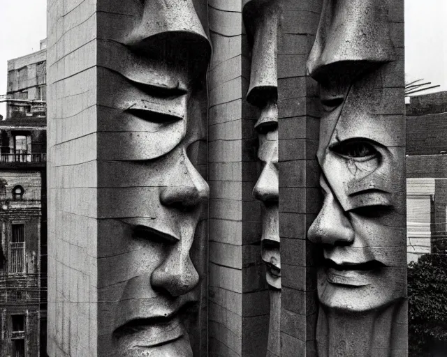 Image similar to by bruce davidson, andrew boog, mystical photography evocative. an intricate fractal concrete and chrome brutalist carved sculpture of the secret faces of god, standing in a city center.