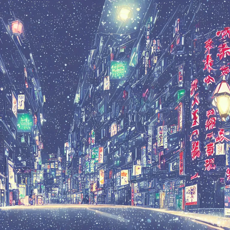 Image similar to anime - styled illustration of tokyo with many lights and lens flares, snowy winter christmas night