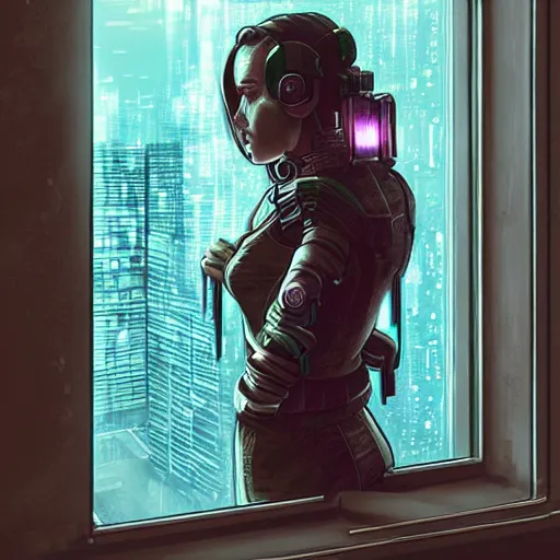 Image similar to portrait of cyberpunk woman looking out of a window, cyberpunk setting, futuristic, highly detailed, intricate lighting, digital painting, sharp focus, illustration, trending on artstation, art by akira toriyama.