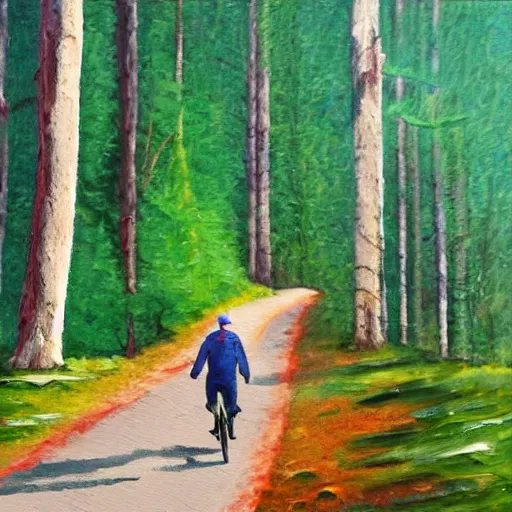 Prompt: man biking up a steep forest hill with a deep blue sweater. sweaty. Oil painting. Emotional. Steep. Trees.