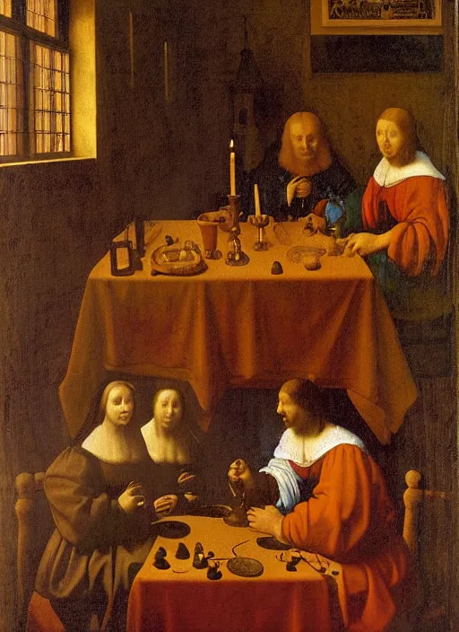 Image similar to a candlelit table at the inn, evening, dark room, two young people sitting at the table, swirling smoke, dark smoke, realistic, in the style of leonardo da vinci, dutch golden age, amsterdam, medieval painting by jan van eyck, johannes vermeer, florence