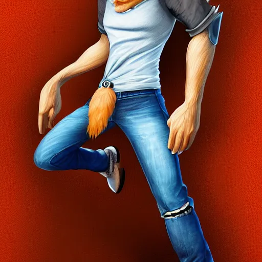 Image similar to A fox wearing a t-shirt and jeans, energetic, dynamic, digital art, highly detailed, FurAffinity, digital fantasy art, 3d