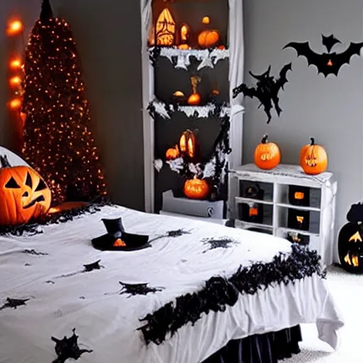 Image similar to homemade halloween themed christmas bedroom ideas, high resolution, creative, visually appealling