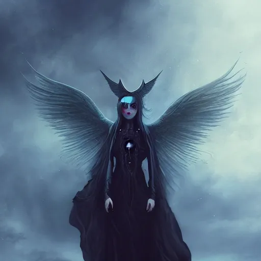 Prompt: a demon with wings by tom bagshaw, charlie bowater, donata giancola,, demonic, cyberpunk, black magic, octane, vibrant psychadelic colors, mist, dof, ominous backdrop hyperdetailed, anime art by ross draws