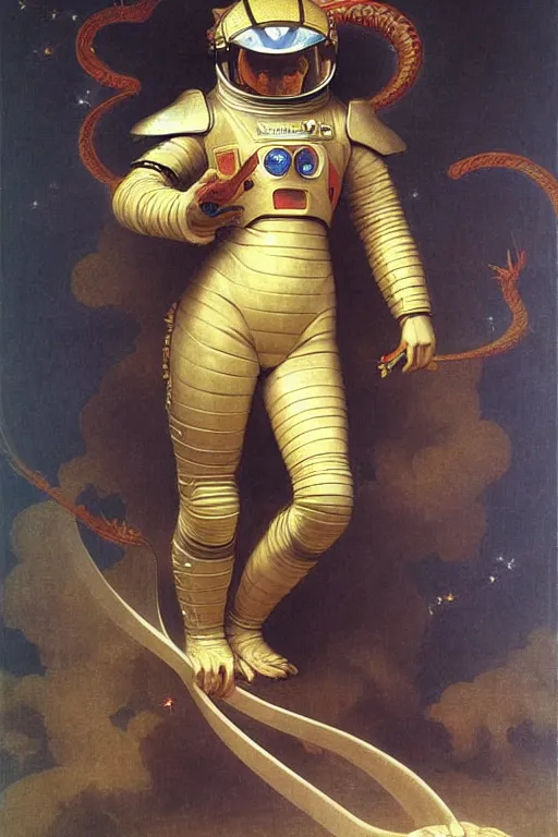 Image similar to portrait of a astronaut is a chinese dragon in armor and helmet, majestic, solemn, in space, by bouguereau