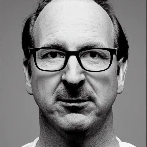 Prompt: black and white county jail mugshot of bob odenkirk as saul goodman, with mustache and glasses, wearing orange prison jumpsuit
