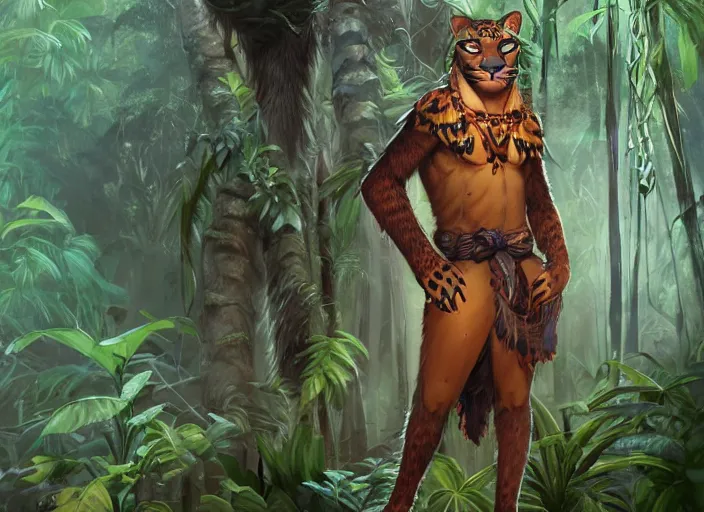 Image similar to character portrait feature of the anthro male anthropomorphic jungle cat jaguar fursona animal person wearing shaman outfit robes belt standing in the amazon rainforest, character design stylized by charlie bowater, ross tran, artgerm, makoto shinkai, detailed, soft lighting, rendered in octane
