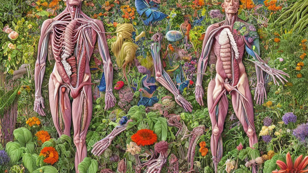 Image similar to highly detailed illustration of a human anatomy body with all the known species of plants and flowers by juan gatti, by moebius!, by oliver vernon, by joseph moncada, by damon soule, by manabu ikeda, by kyle hotz, by dan mumford, by kilian eng