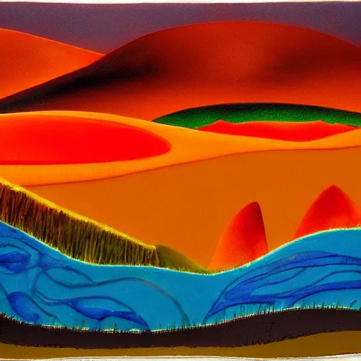 Image similar to A beautiful sculpture of a landscape. It is a stylized and colorful view of an idyllic, dreamlike world with rolling hills, peaceful looking animals, and a flowing river. The scene looks like it could be from another planet, or perhaps a fairy tale. Navajo red by Milton Avery spirited