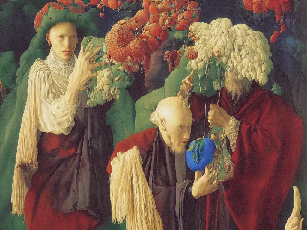 Image similar to Portrait of albino mystic with blue eyes, with beautiful exotic Blepharopsis mendica. Painting by Jan van Eyck, Audubon, Rene Magritte, Agnes Pelton, Max Ernst, Walton Ford