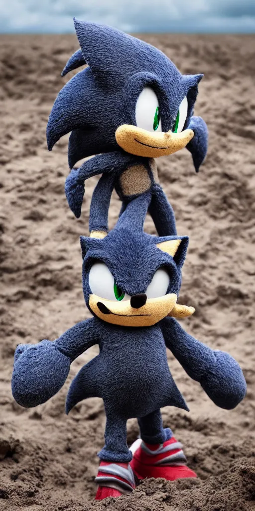 Prompt: a crushed plush of Sonic in dirt and mud below a dramatic sky with intricated spells and stormcloud glimpses of flares and beams airbrush tones