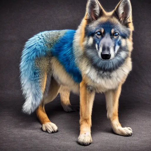 Image similar to 4 k high resolution, hdr photo of an animal hybrid of a blue german shepherd and a blue fox, with blue fur and blue eyes, award winning studio photography