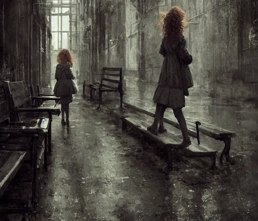 Image similar to sadie sink in oversized school uniform. waits on a bench | a bench along a wall. next to a door. in an office building. concept art for scifi dystopian film. by nikolay makovsky, bob byerley, wadim kashin, andrea kowch. cinematic moody atmosphere, detailed and intricate, perfect anatomy