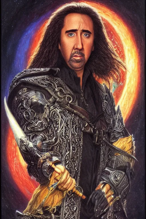 Image similar to portrait of Nicolas Cage as wizard, fantasy, intricate, highly detailed, artstation, illustration by ken kelly