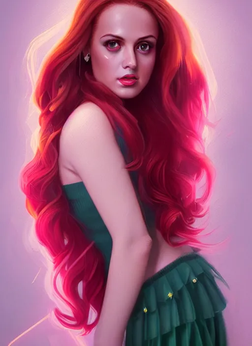 Image similar to full body portrait of teenage cheryl blossom, bangs, green eyes, sultry expression, red hair, sultry smirk, bangs and wavy hair, pink skirt, bangs, intricate, elegant, glowing lights, highly detailed, digital painting, artstation, concept art, smooth, sharp focus, illustration, art by wlop, mars ravelo and greg rutkowski