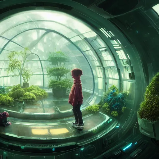 Prompt: , boy and grandma in sci - fi green house, spaceship, plants, stephen bliss, misty, unreal engine, pixar, fantasy art by greg rutkowski, loish, ferdinand knab, and lois van rossdraws, global illumination, radiant light, minimalist, detailed and intricate environment