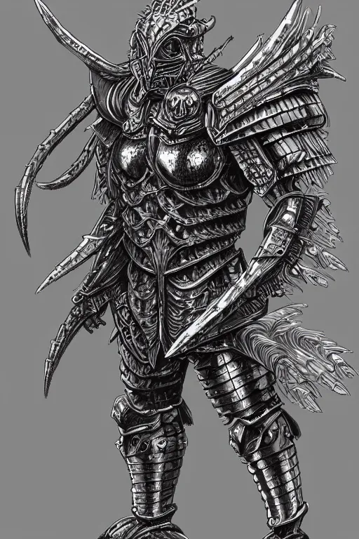 Image similar to armoured warrior humanoid figure monster, symmetrical, highly detailed, digital art, hummingbird themed armour, sharp focus, trending on art station, kentaro miura manga art style